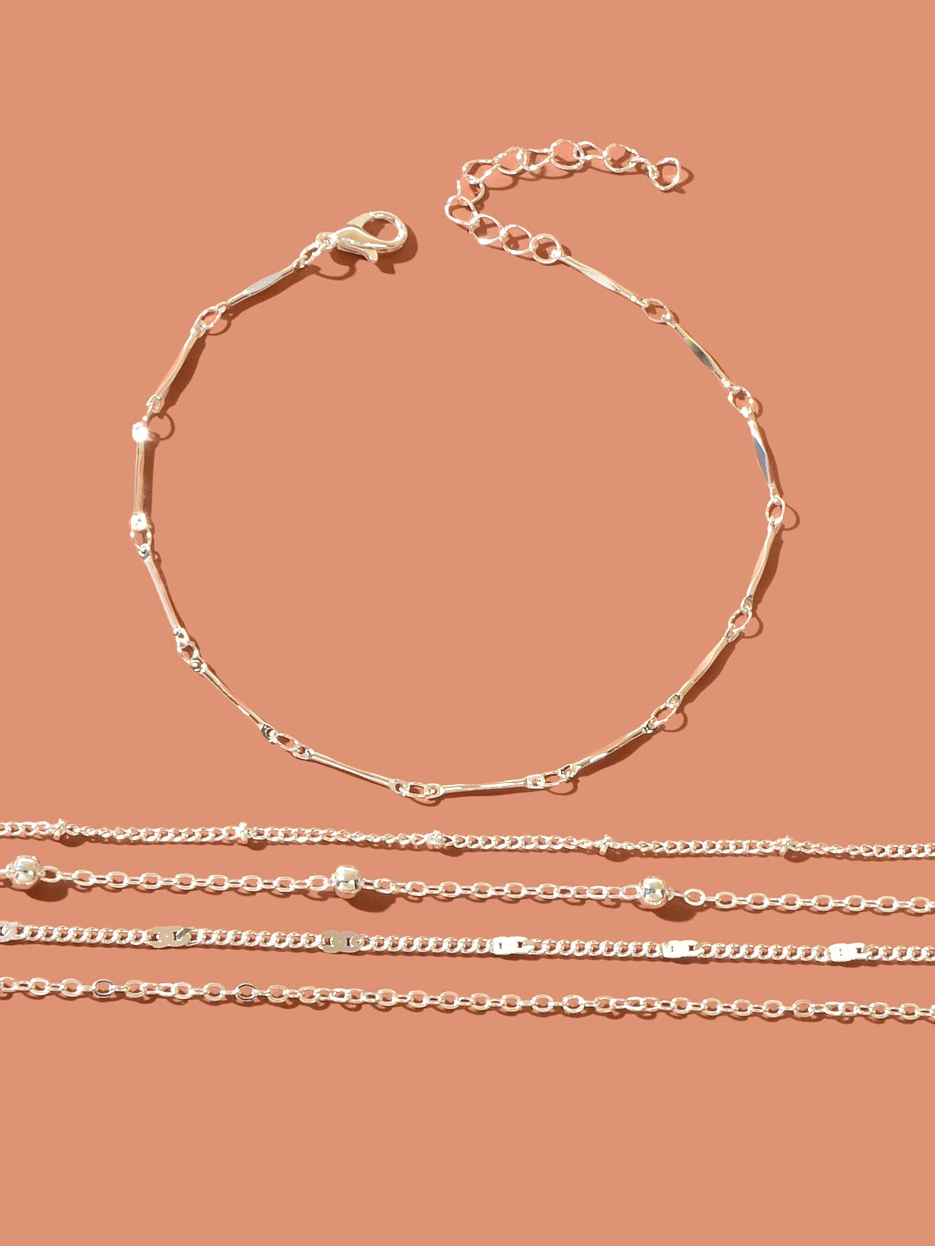 5 pcs Layered Multiple Silver Chain Stackable Anklets Beach Foot Jewellery-3