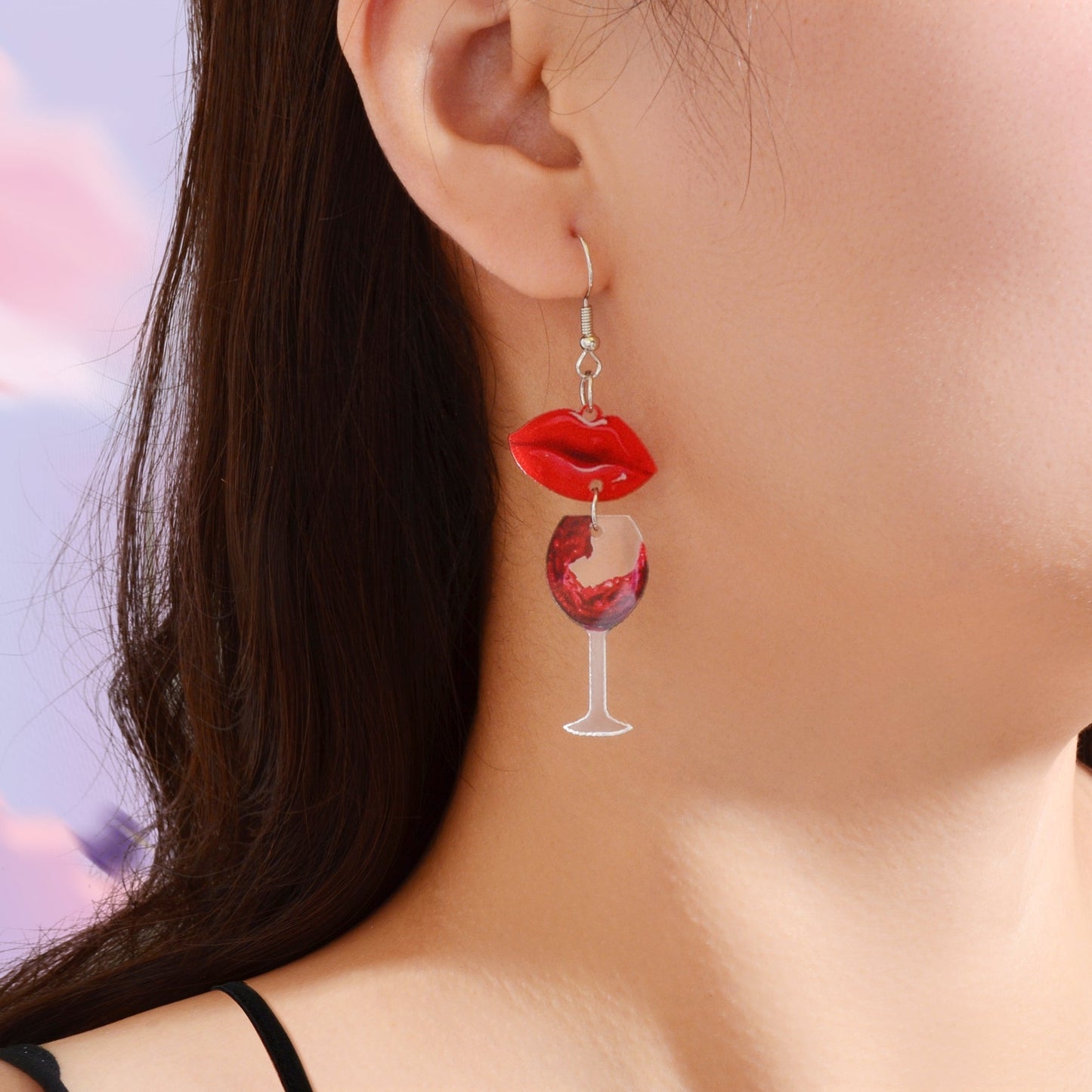 Funky Jewellery Acrylic Lips Wine Bottle and Glass Asymmetric Dangle Earrings-1