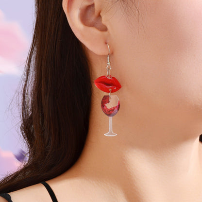 Funky Jewellery Acrylic Lips Wine Bottle and Glass Asymmetric Dangle Earrings-1