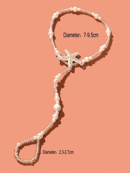 Pearl Barefoot Sandals Sea Star Anklet with Toe Ring Bracelet Beach Foot Jewelry-3