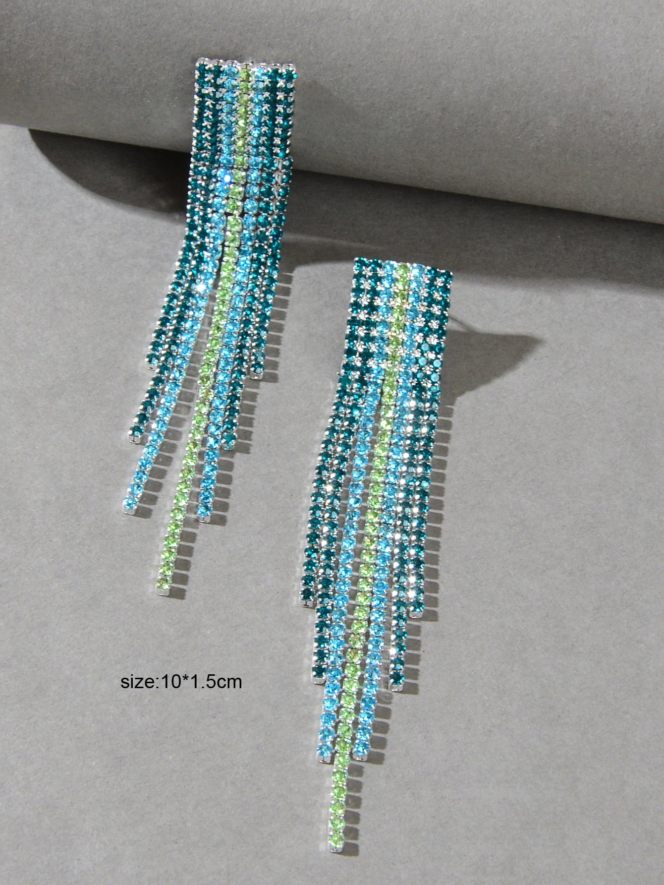 Sparkling Tassel Full Blue Rhinestone Fringe Chain Pierced Chandelier Earrings-3