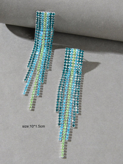 Sparkling Tassel Full Blue Rhinestone Fringe Chain Pierced Chandelier Earrings-3