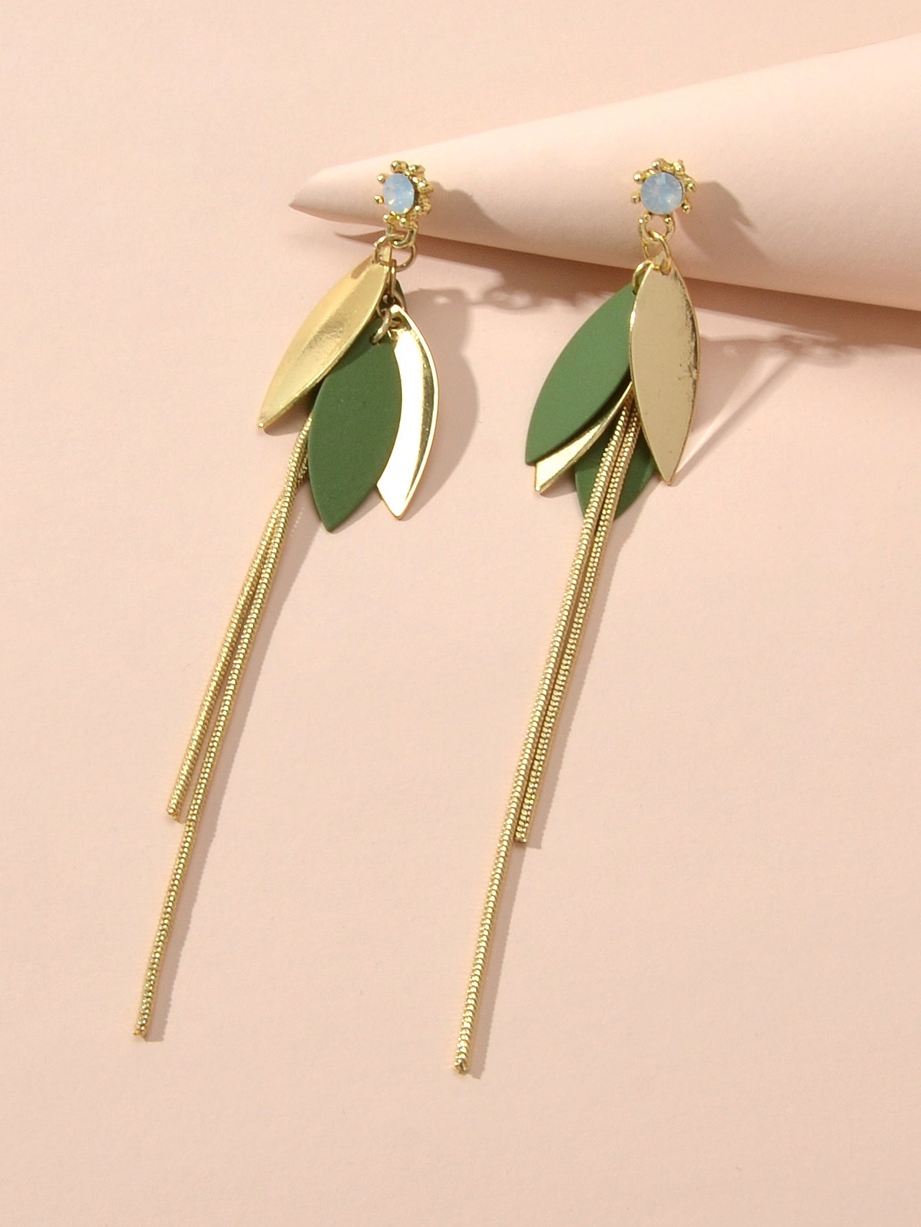 Female Jewellery Gold Green Leaf Long Chain Dangle Pierced Charm Women Earrings-3