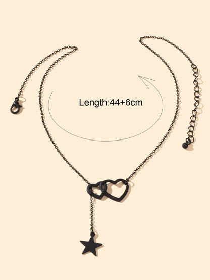 Black Chain Double Hearts Linked Star Pendant Y Lariat Necklace Clavicle Collar-3