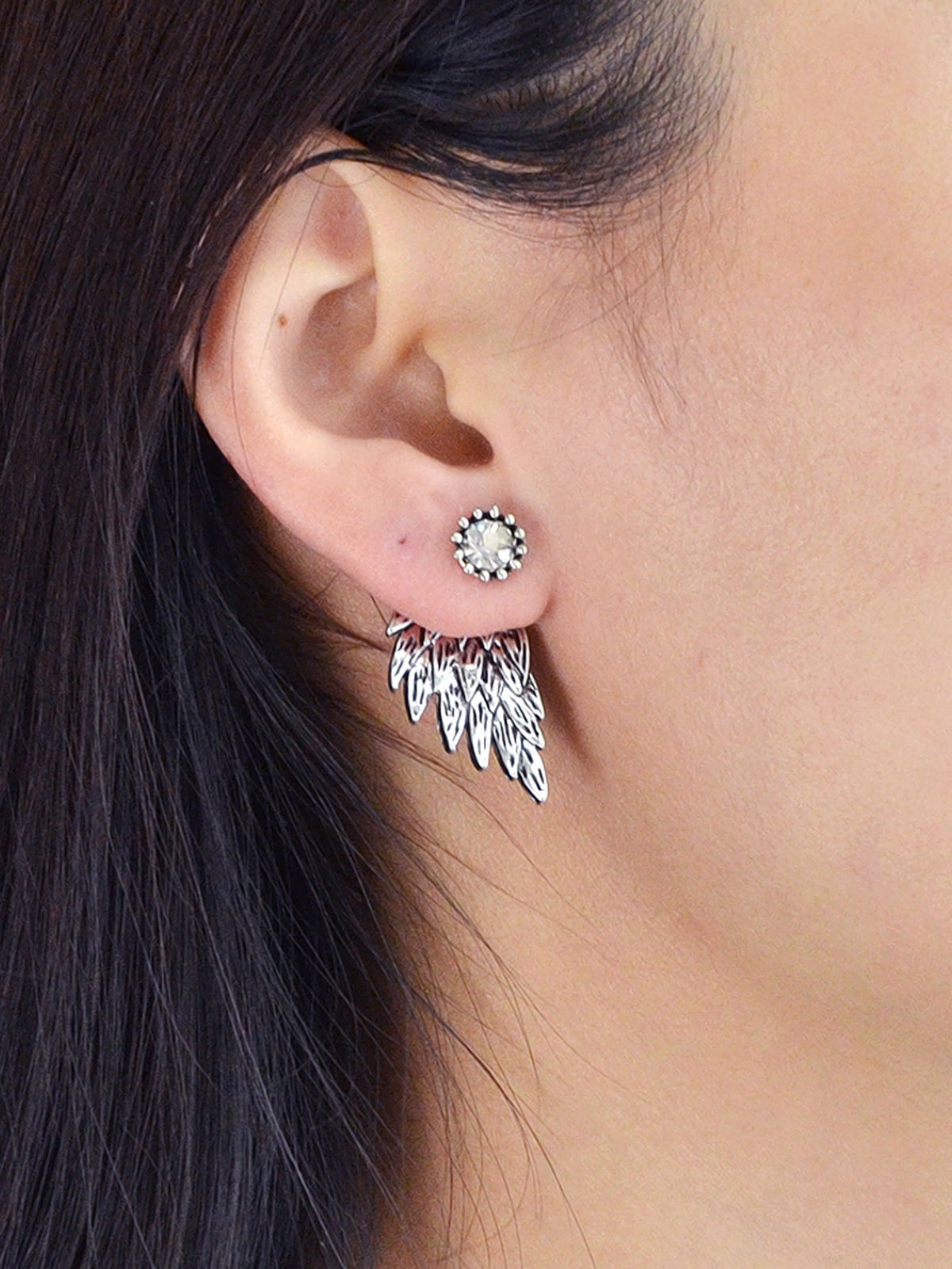 Punk Retro Black Antique Silver Color Rhinestone Wing Stud Earrings Ear Jacket-3