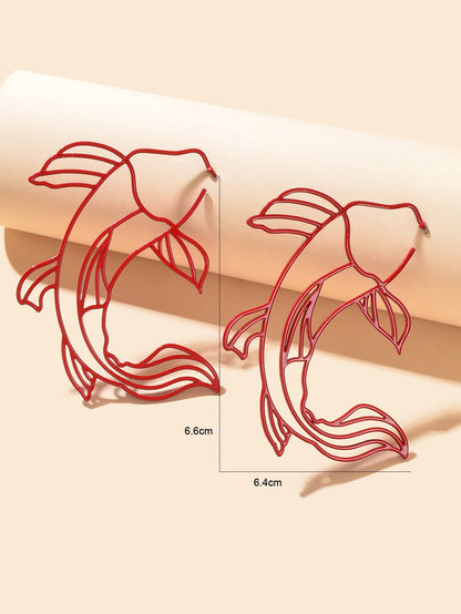 Personality Red Hollow Fish Stud Exaggerated Earrings Party Decoration for Women-3