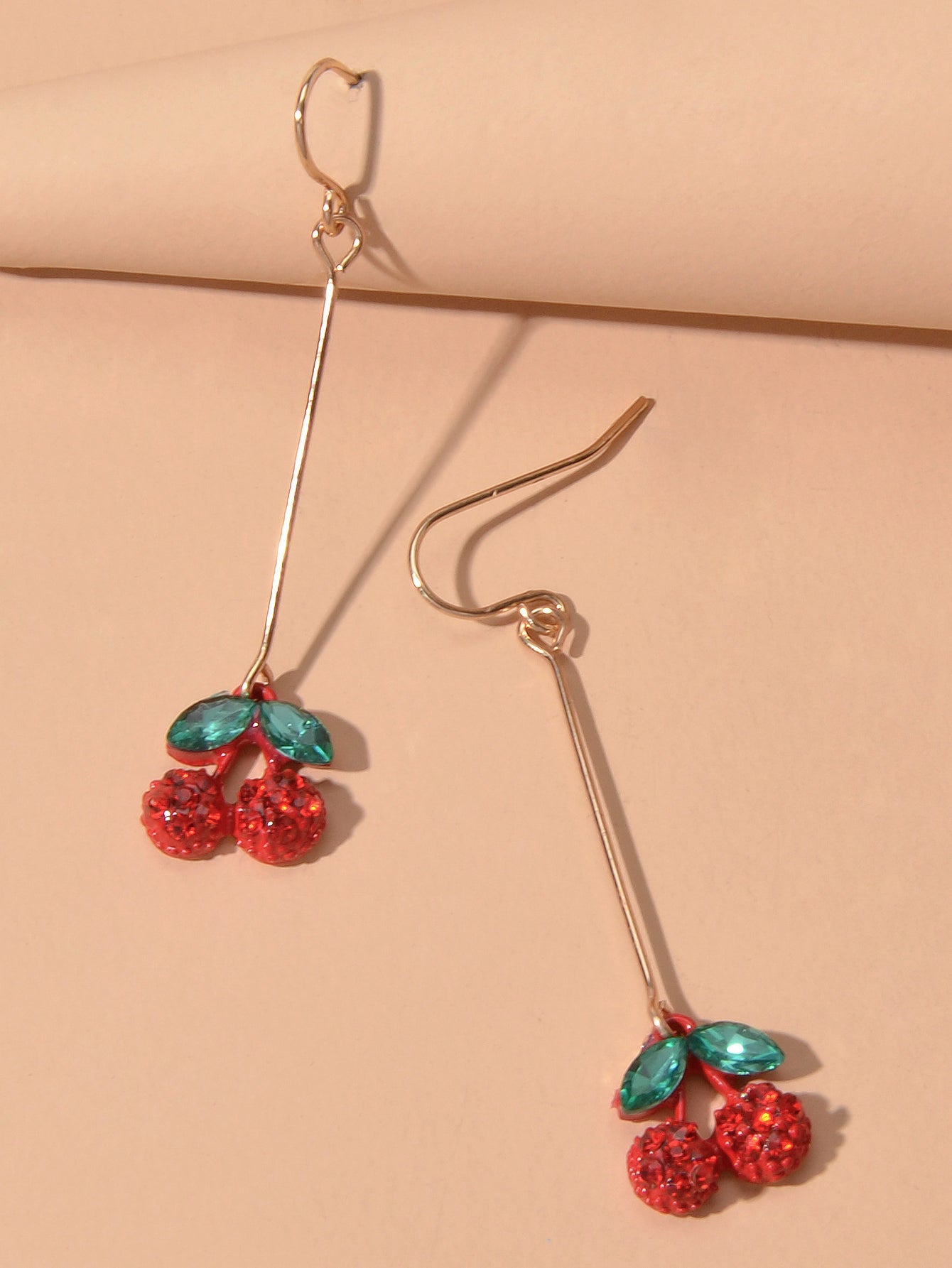Gift Jewellery Cute Funny Green Crystal Red Cherry Long Dangle Pendant Earrings-3