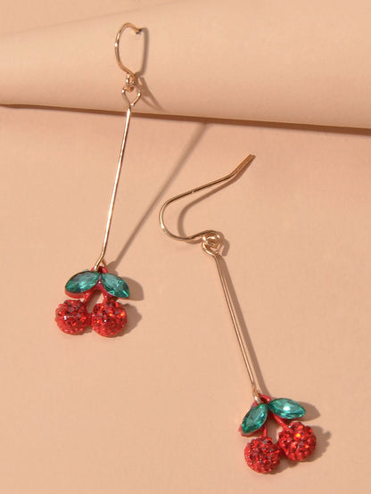 Gift Jewellery Cute Funny Green Crystal Red Cherry Long Dangle Pendant Earrings-3