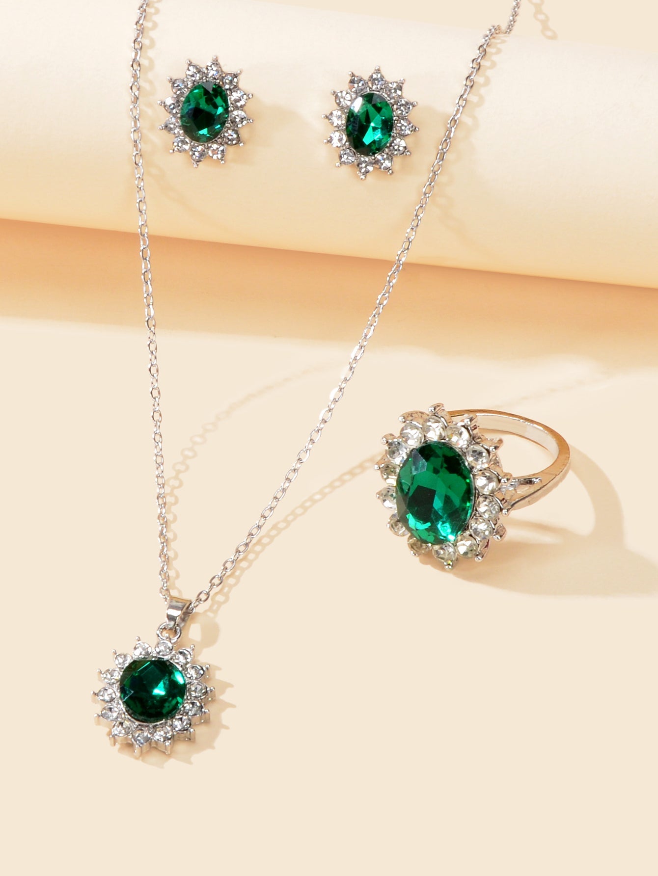 Crystal Flower Necklace Stud Earrings Finger Ring Luxury Wedding Jewellery Set-3