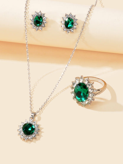 Crystal Flower Necklace Stud Earrings Finger Ring Luxury Wedding Jewellery Set-3