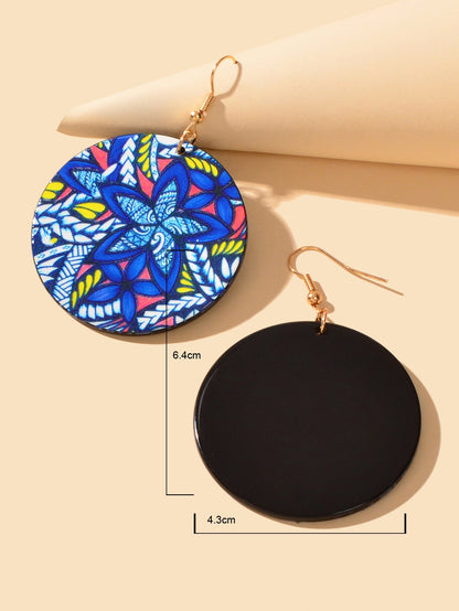 Vacation Jewellery Bohemia Chic Style Blue Flower Pattern Acrylic Round Earrings-3