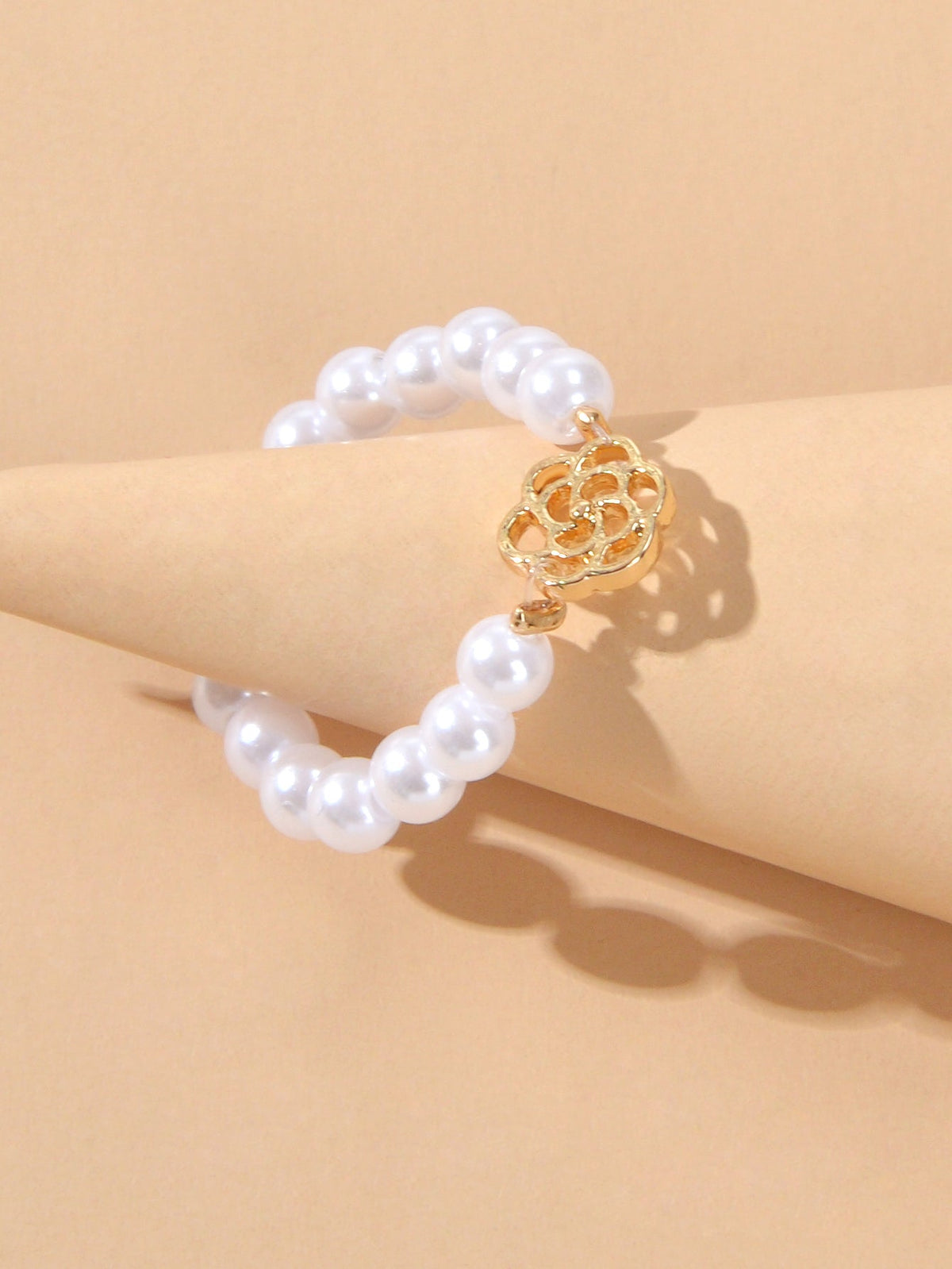Perfect Elastic Pearl Gold Flower Finger Ring Wedding Engagement Gift Jewellery-3