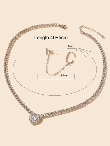 Luxury Jewellery Set Cubic Zirconia Heart Pendant Necklace Silver Ear Cuff Stud-3