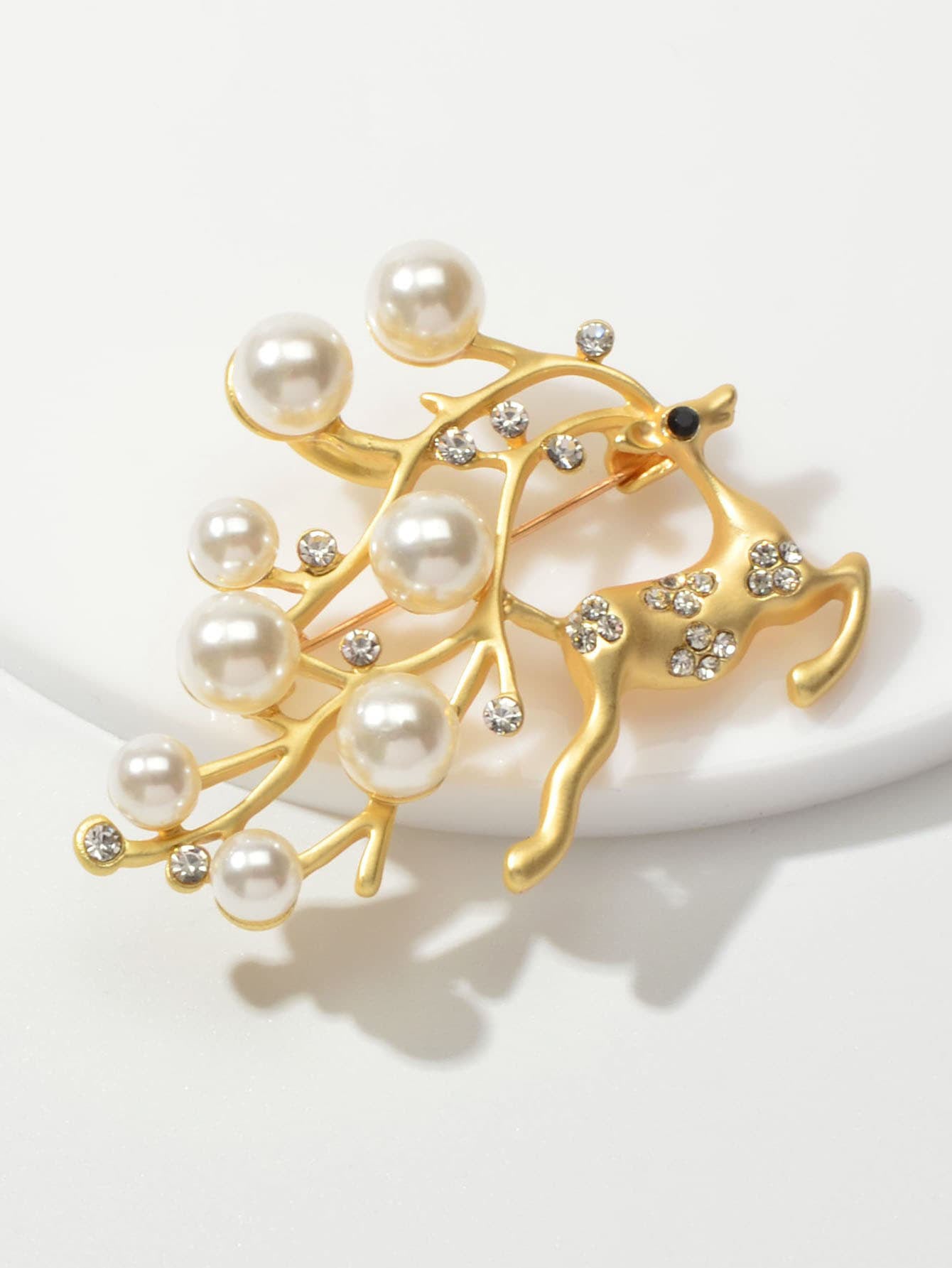 Christmas Pearl Rhinestone Gold Reindeer Brooch Deer Lapel Pin Dress Accessories-3