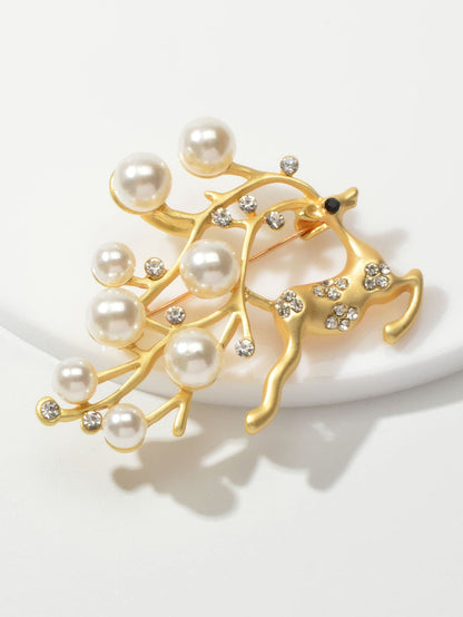 Christmas Pearl Rhinestone Gold Reindeer Brooch Deer Lapel Pin Dress Accessories-3