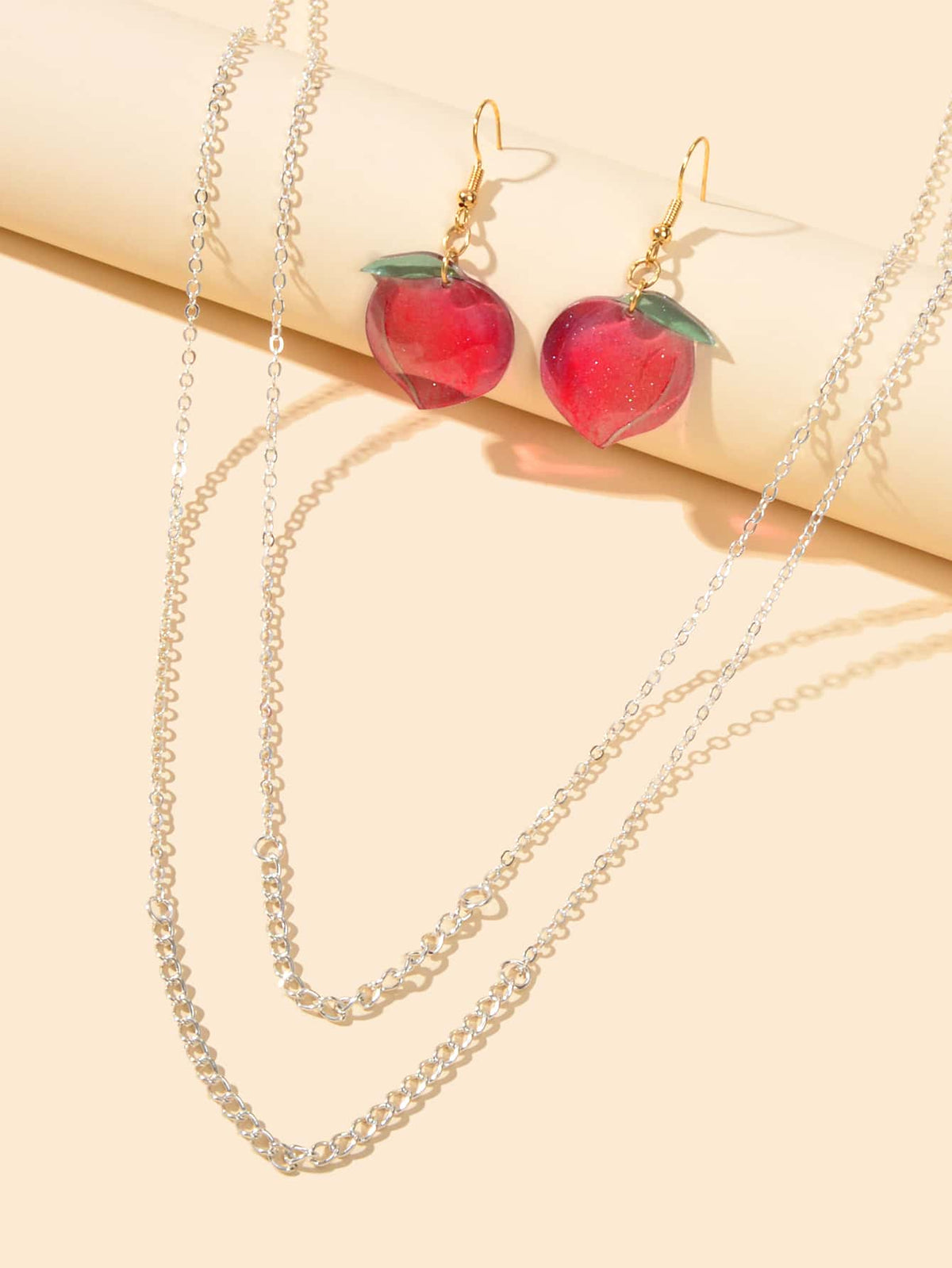 Jewelry set Double layer Silver Chain Necklace Pink Resin Peach Dangle Earrings-3