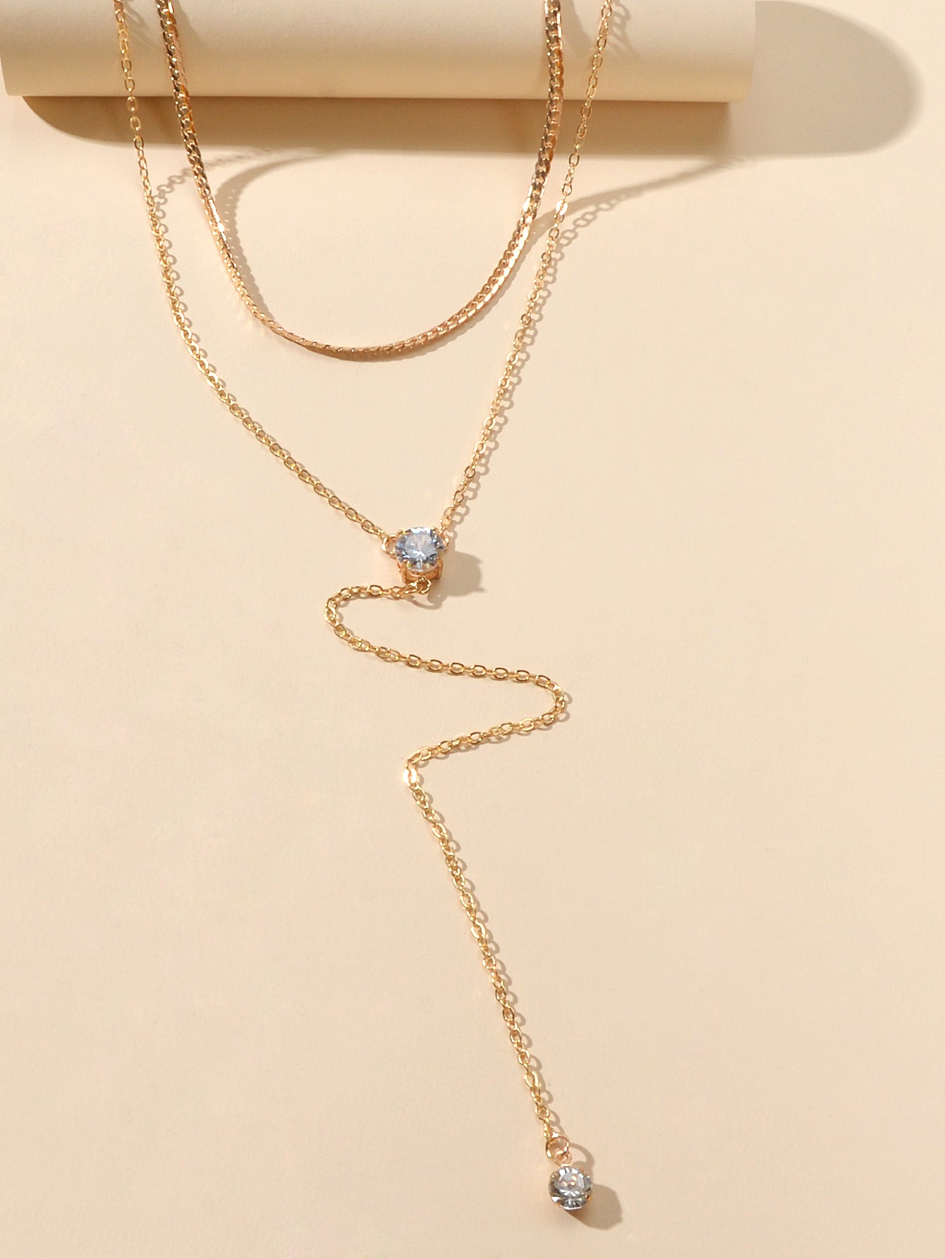 Double layer Rhinestone Decor Gold Silver Long Chain Necklace Y Shape Necklace-3