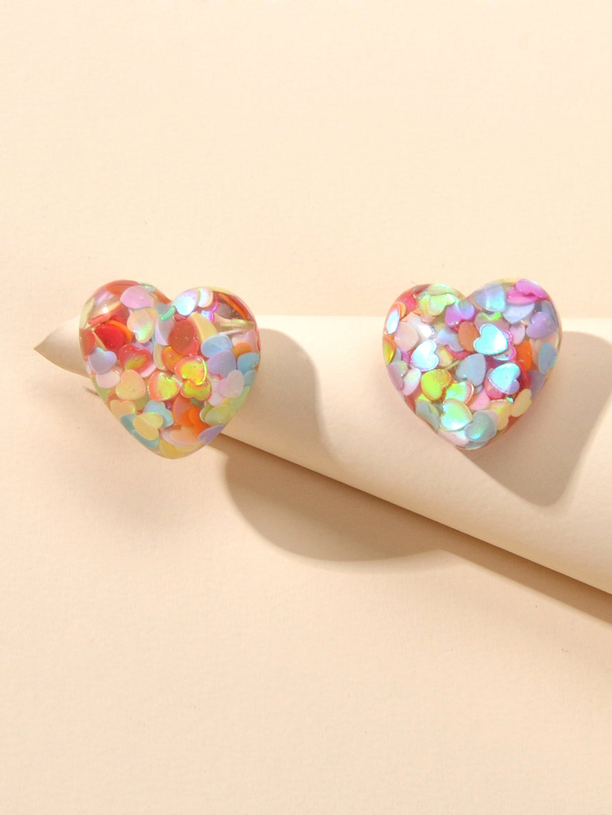 Love Heart Handmade Sparkle Glitter Stud Sequins Pierced Earrings Resin Jewelry-3