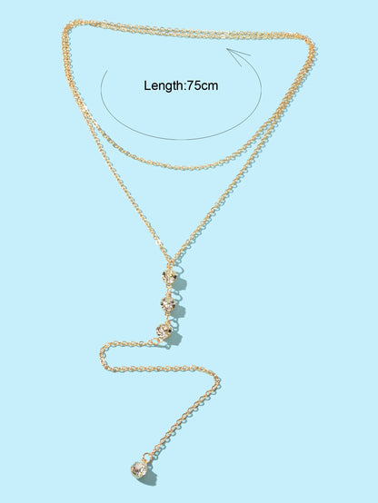 Trendy Double layer Gold Silver Chain Rhinestone Y Style Long Pendant Necklace-3