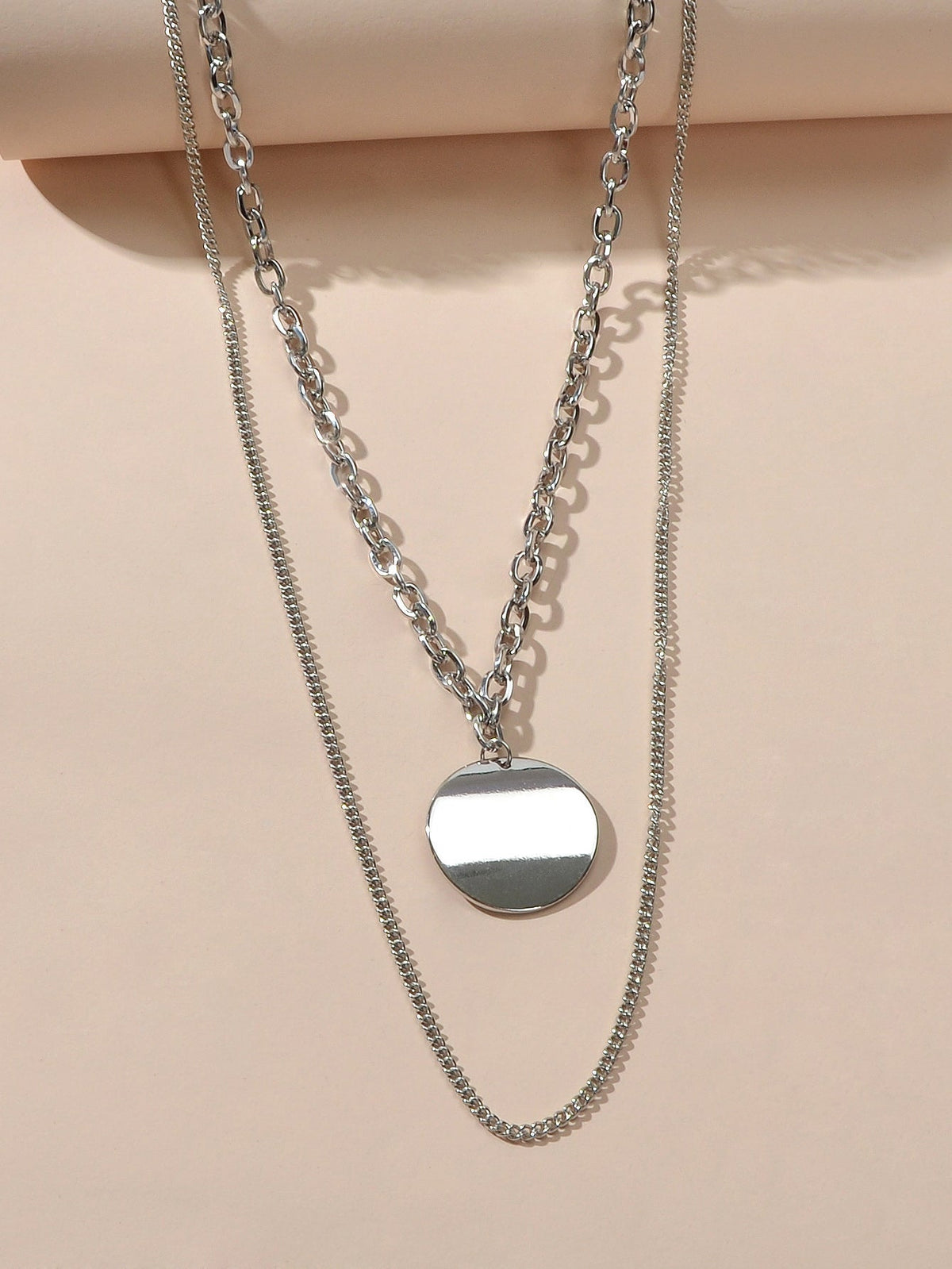 Statement Jewelry Double layer Silver Long Chain Geometric Round Charm Necklace-3