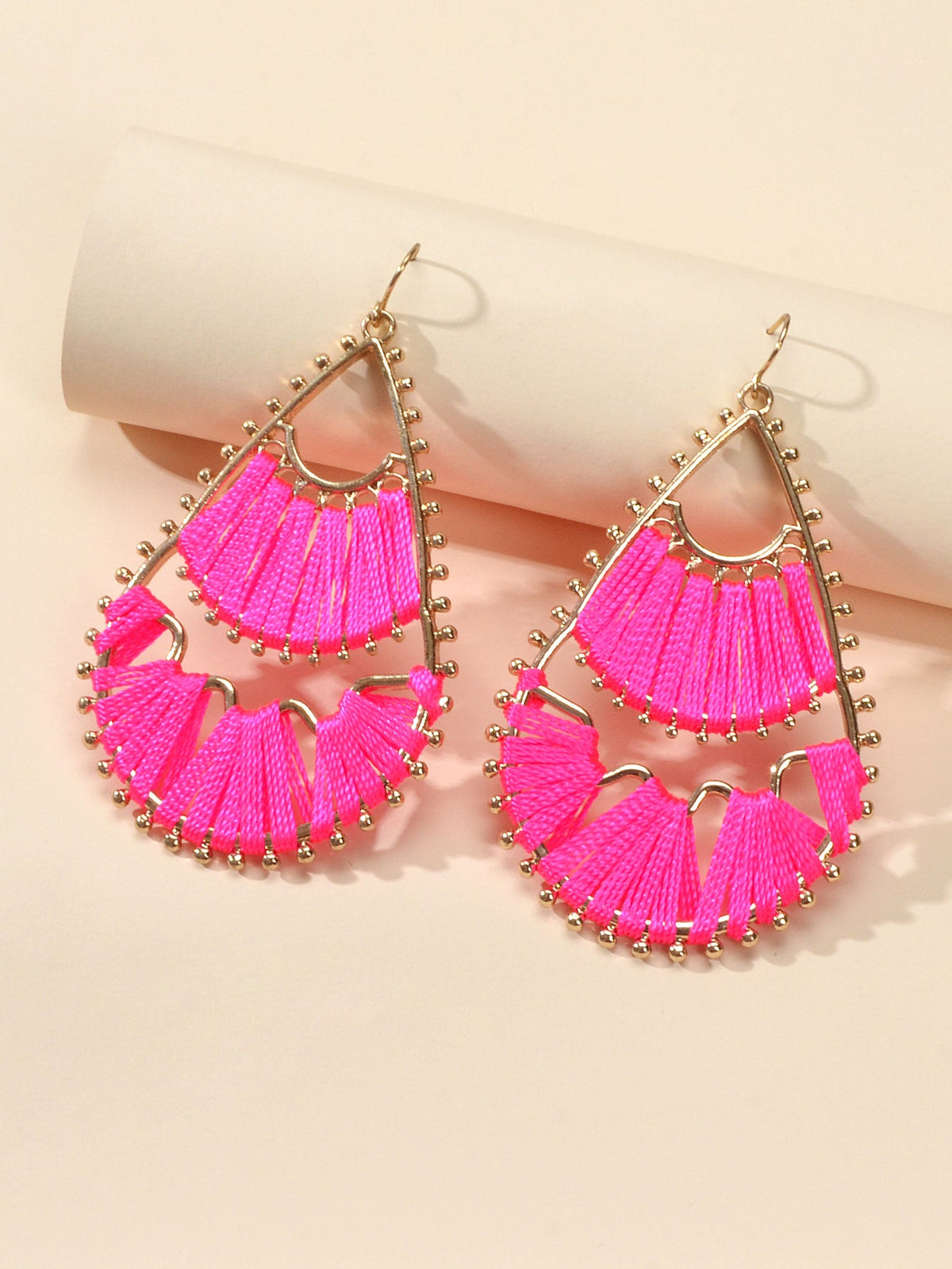 Indian Traditional Handmade Braided Beige Hotpink Ethnic Water Drop Earrings-3