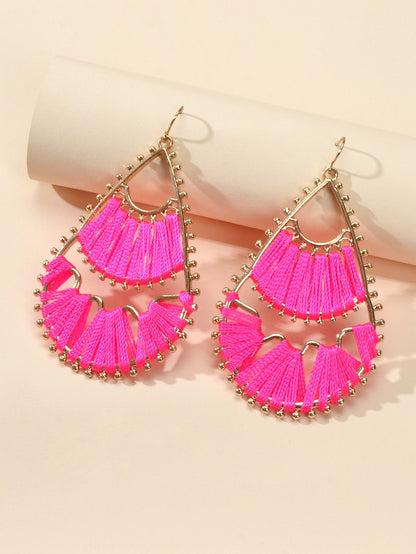 Indian Traditional Handmade Braided Beige Hotpink Ethnic Water Drop Earrings-3