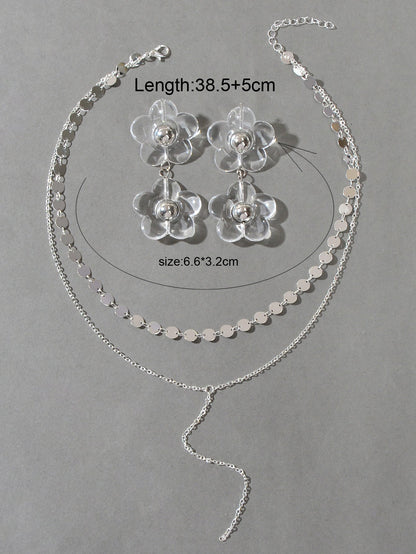Multi-Layer Tassel Necklace Large Transparent Flower Stud Earrings Jewellery Set-3