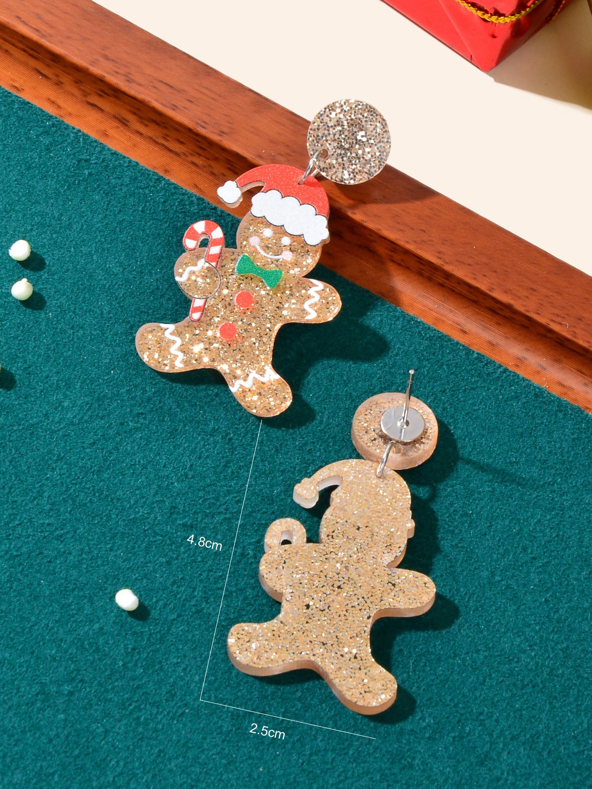 Christmas Gift Sparkling Acrylic Gingerbread Man with Candy Cane Dangle Earrings-3