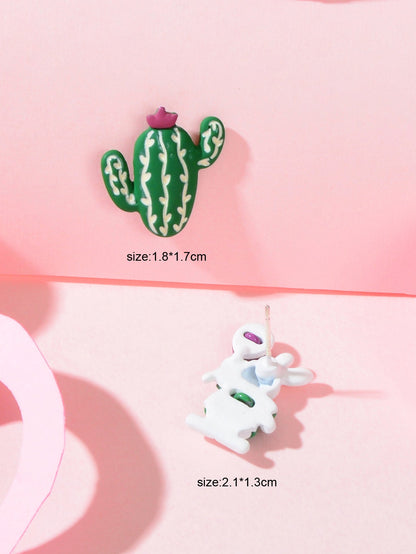 Funny Cartoon Green Cactus Easter Bunny Rabbit Animal Stud Asymmetrical Earrings-3