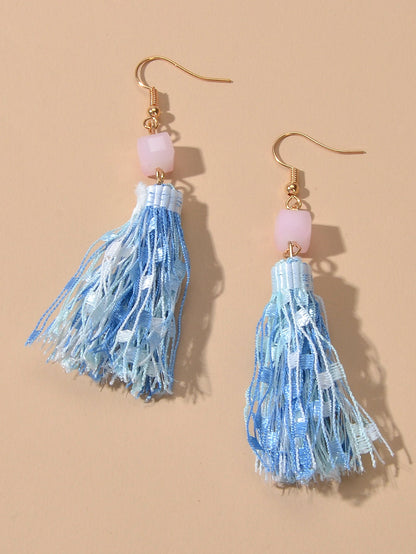Ethnic Traditional Jewellery Pink Beads Rope Tassel Dangle Earrings for Women-3