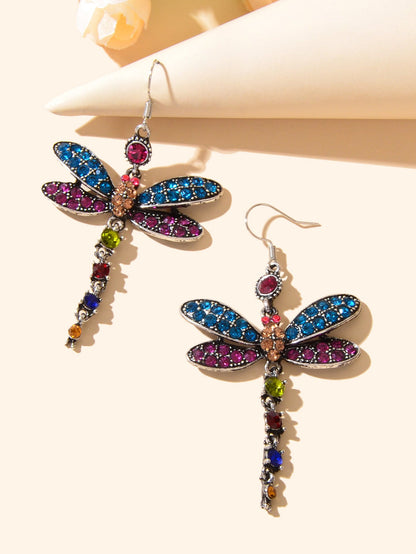 Luxury Jewellery Colorful Rhinestone Dragonfly Long Pendant Dangle Gift Earrings-3