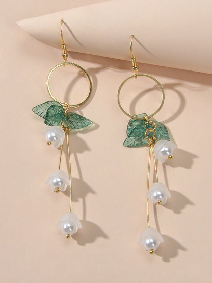 Charming Pearl Green Hotpink Resin Leaf Charm Gold Circle Dangle Women Earrings-3