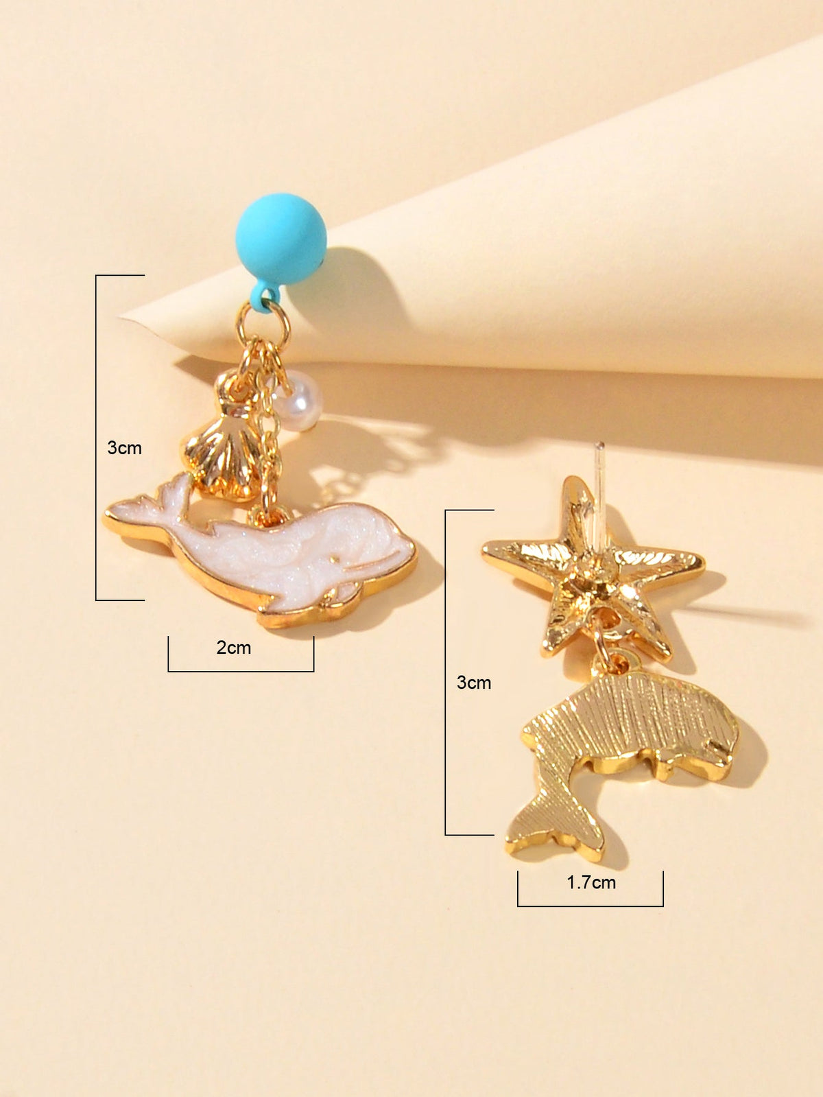 Nautical Jewelry Blue Beads Star Shell Dolphin Asymmetric Dangle Ocean Earrings-3