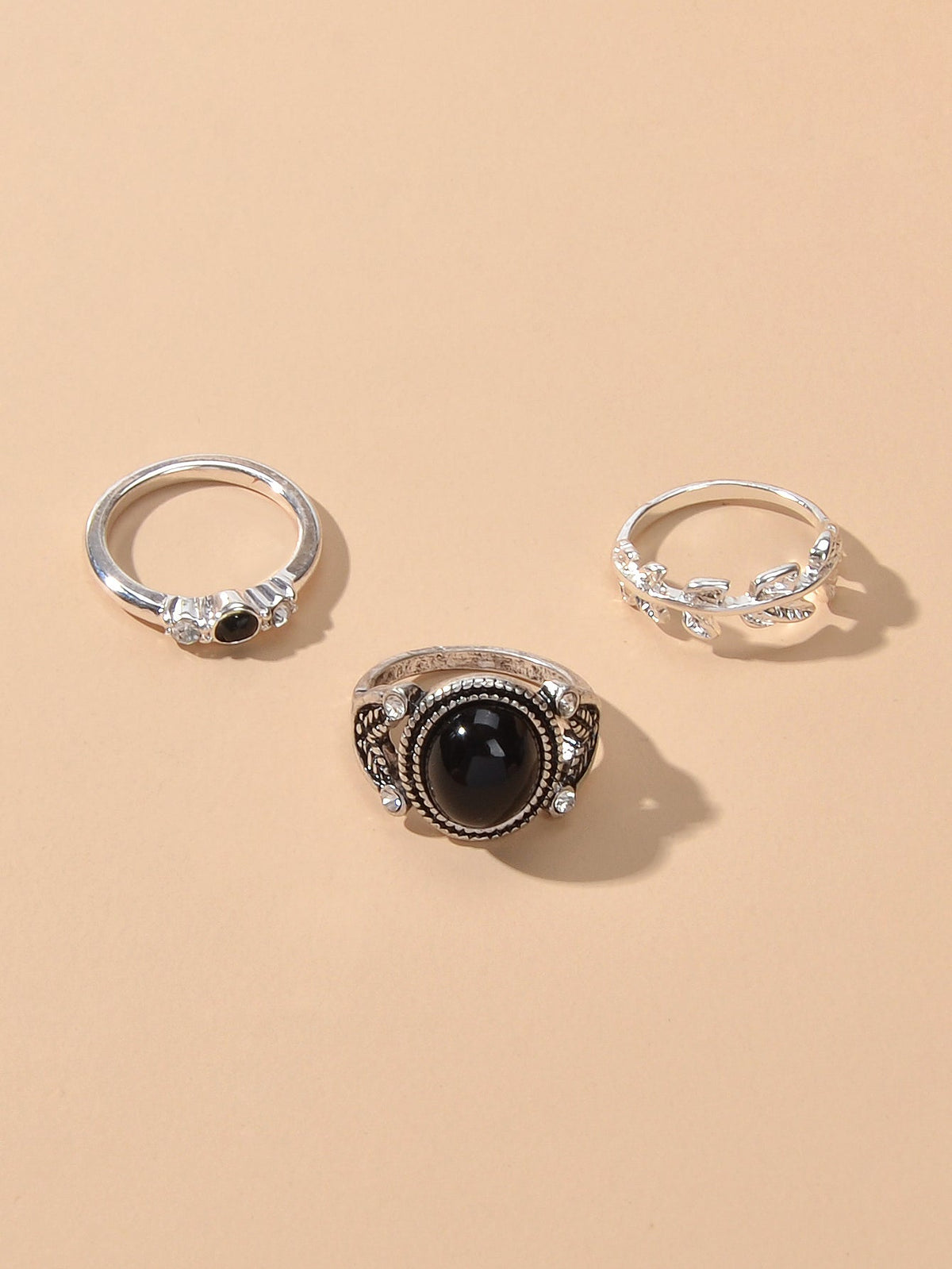 3 pcs Vintage Antique Leaf Geometric Multiple Stackable Punk Finger Rings Set-3