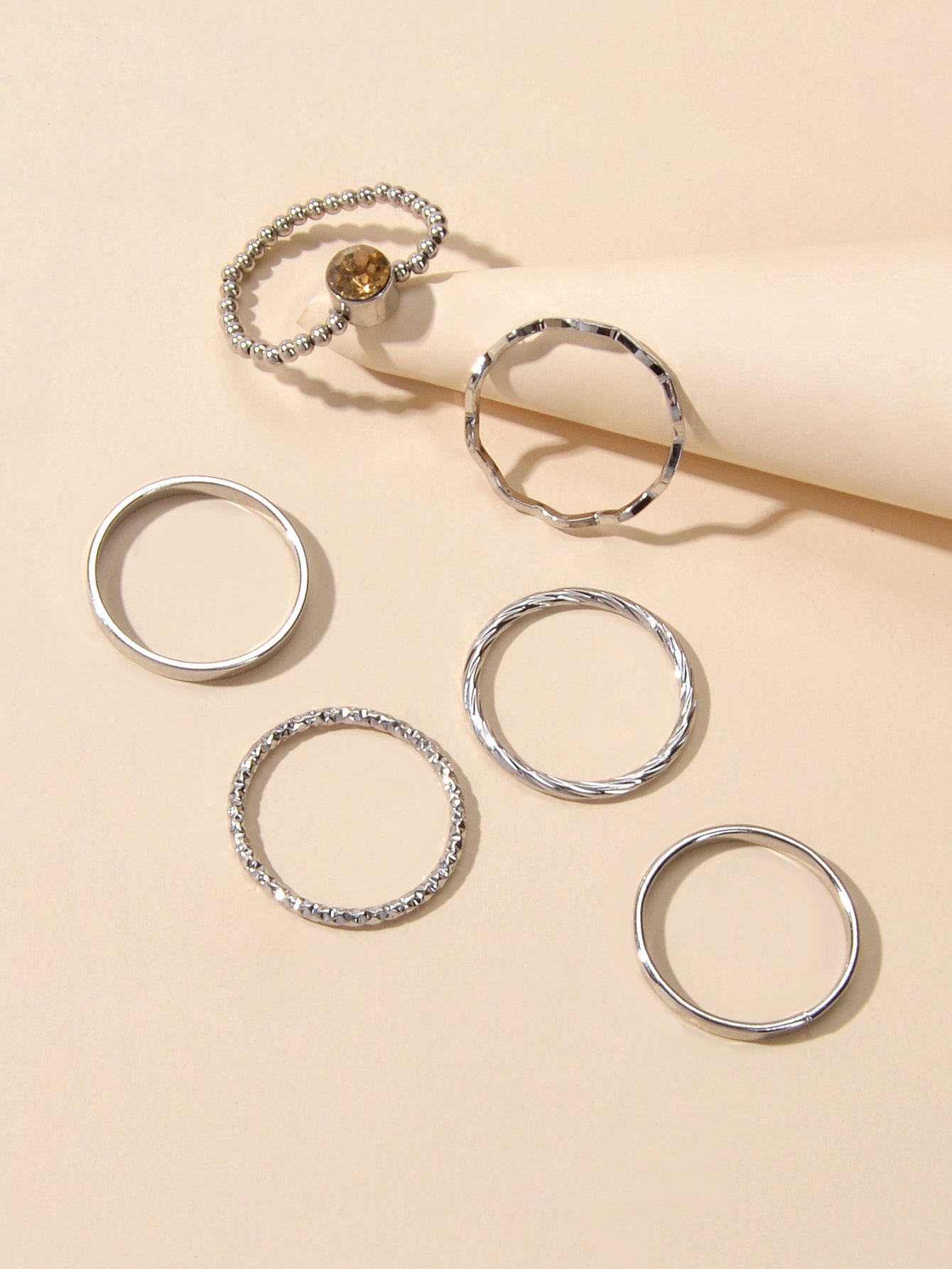 Stackable 6 pcs Rhinestone Decor Silver Finger Ring set Multiple Rings Bulk Pack-3