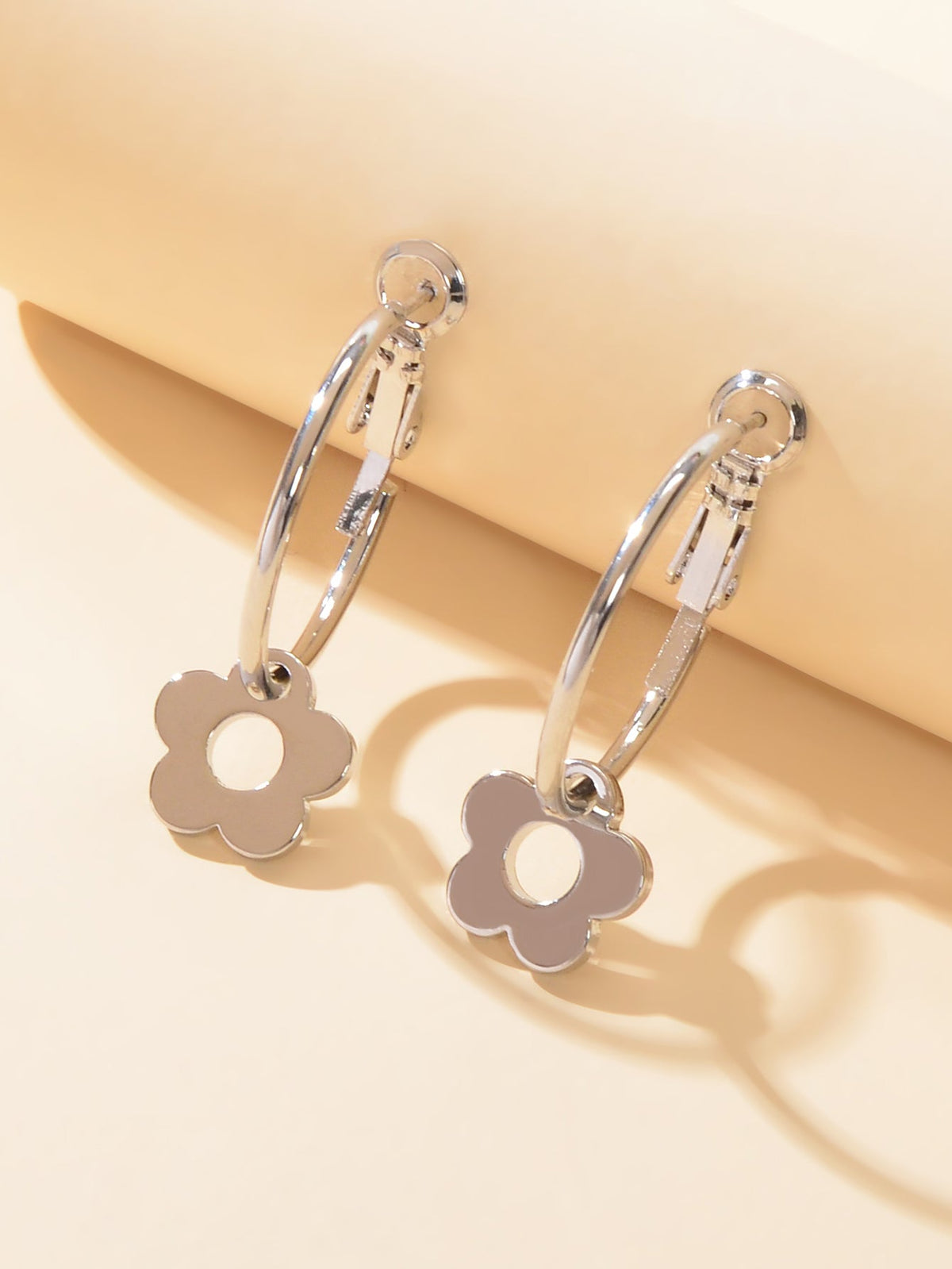 Designer Jewellery Silver Flower Charm Chunky Hoop Huggie Dangle Hoop Earrings-3