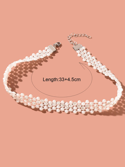 Retro Imitation Pearl Rhinestone Multi-layer Chain Hollow Short Choker Necklace-3