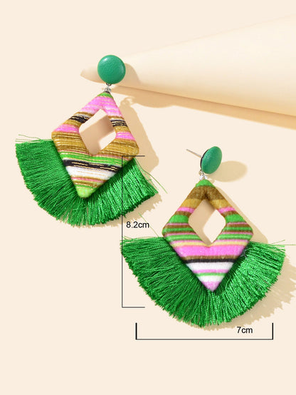 Bohemian Geometric Green Tassel Fringe Dangle Earrings Handmade Ethnic Jewellery-3