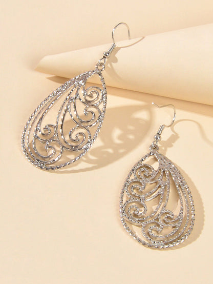 Party Decoration Women Gold Silver Hollow out Flower Water Drop Dangle Earrings-3