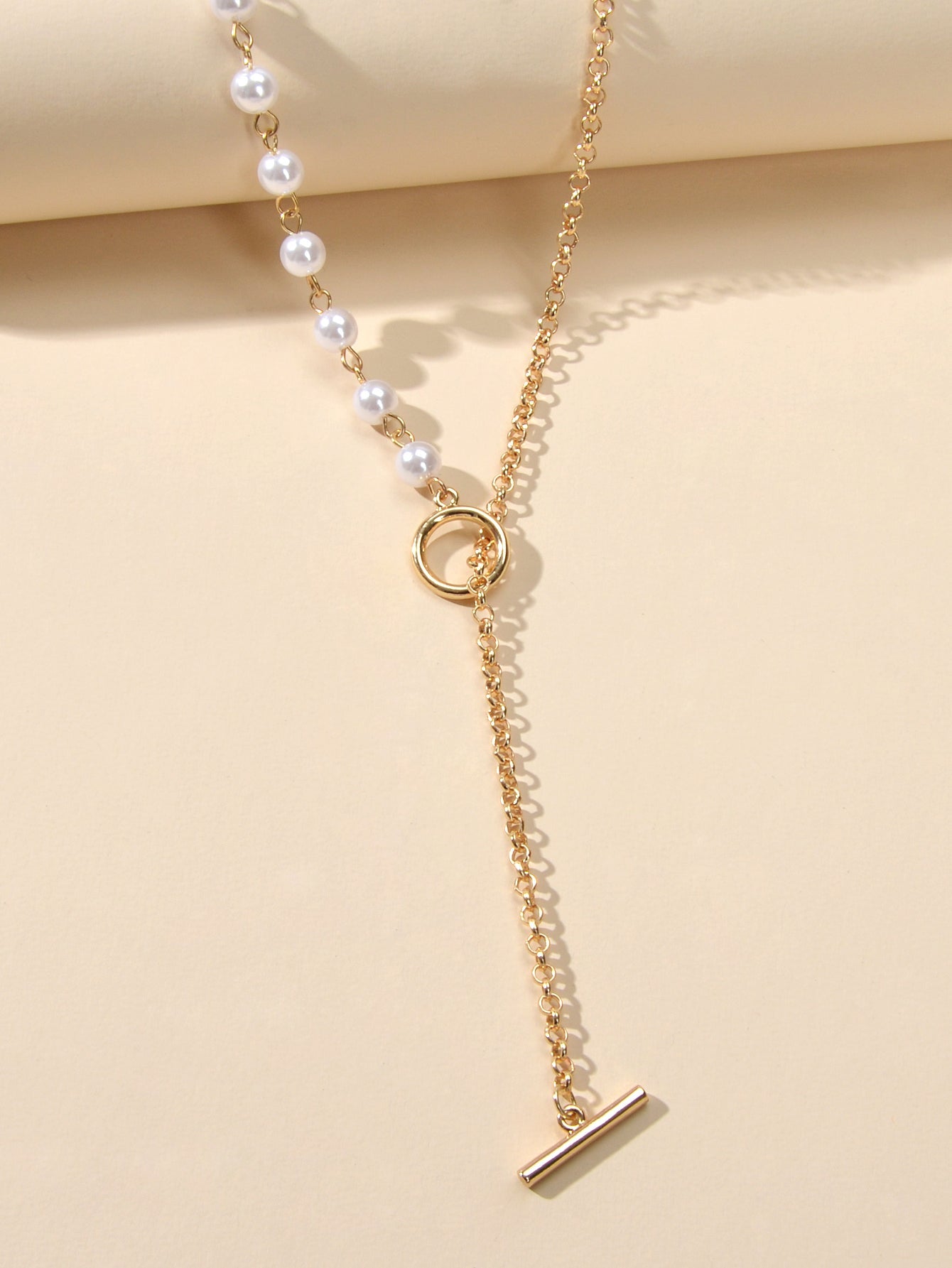 Ladies Jewelry Accessories Pearl Gold Chain Bar Charm Dangle Y Lariat Necklace-3