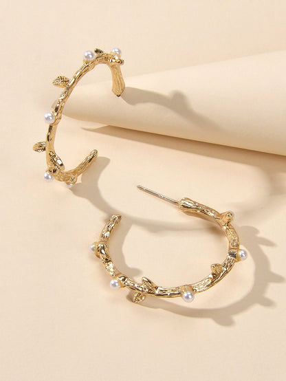 Designer Metal Pearl Branch C Shape Hypoallergenic Hoop Earrings Nice Collection-3