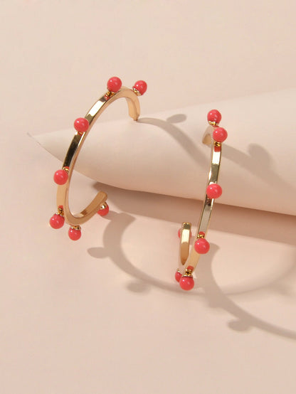 Designer Stylish Blue Hotpink Beads Silver Circle C Hoop Huggie Stud Earrings-3