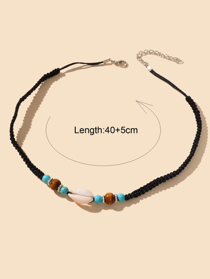 Ethnic Black Rope Handmade Turquoise Beads Shell Collar Necklace African Jewelry-3