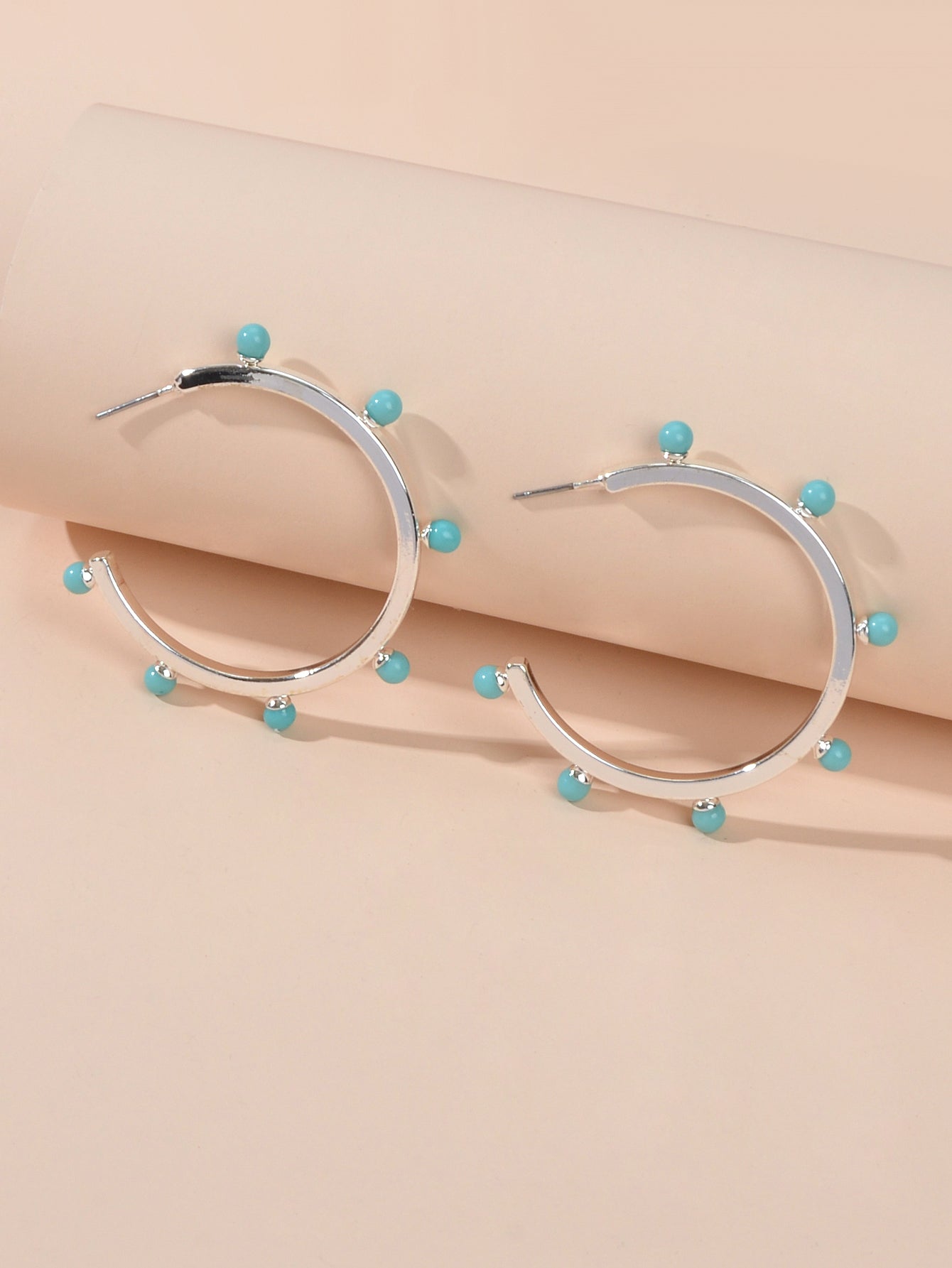 Designer Stylish Blue Hotpink Beads Silver Circle C Hoop Huggie Stud Earrings-3