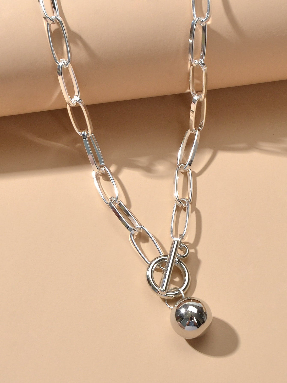Female Thick Silver Chain Circle Bar Ball Pendant Necklace Punk Women Collar-3