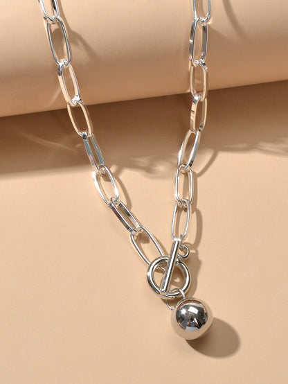 Female Thick Silver Chain Circle Bar Ball Pendant Necklace Punk Women Collar-3