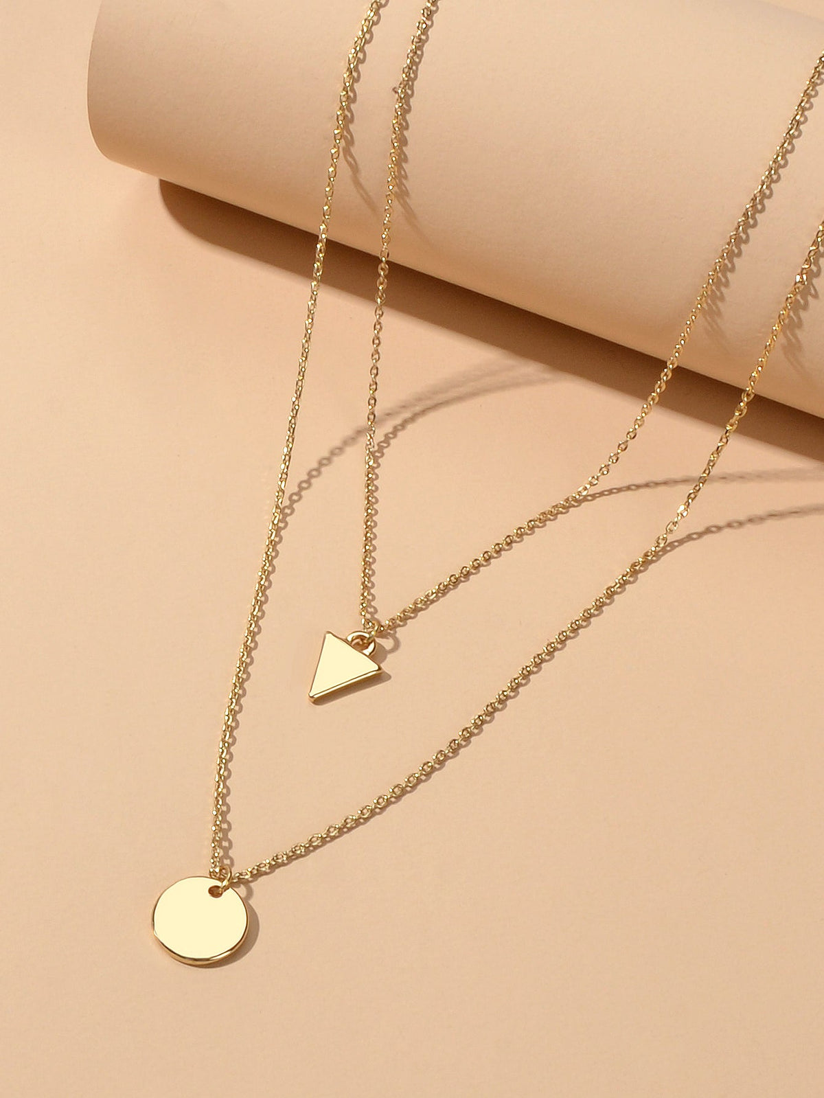 2pcs Minimalist Style Women Accessories Gold Chain Triangle Round Charm Necklace-3