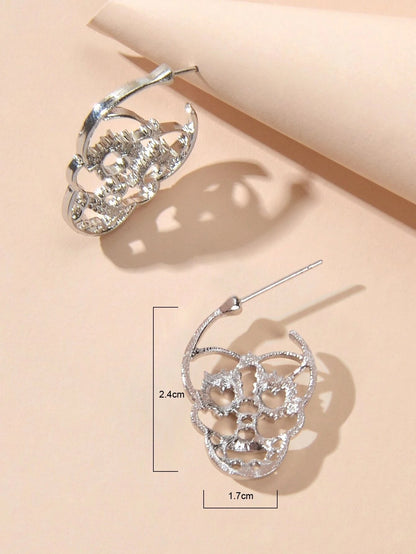 Silver Hollow out Halloween Skull Statement Stud Earrings Women Punk Jewellery-4