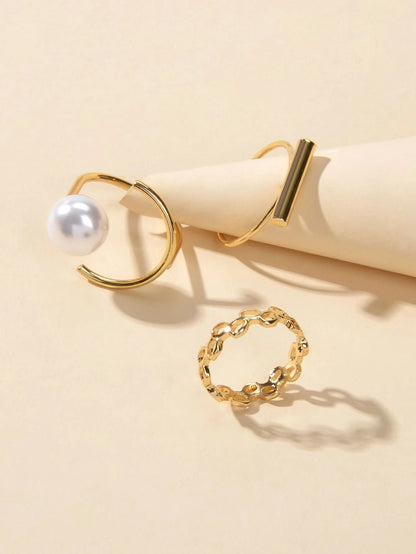 3 pcs Pearl Decor Gold Midi Finger Knuckle Rings set Teens Party Jewellery Gift-3