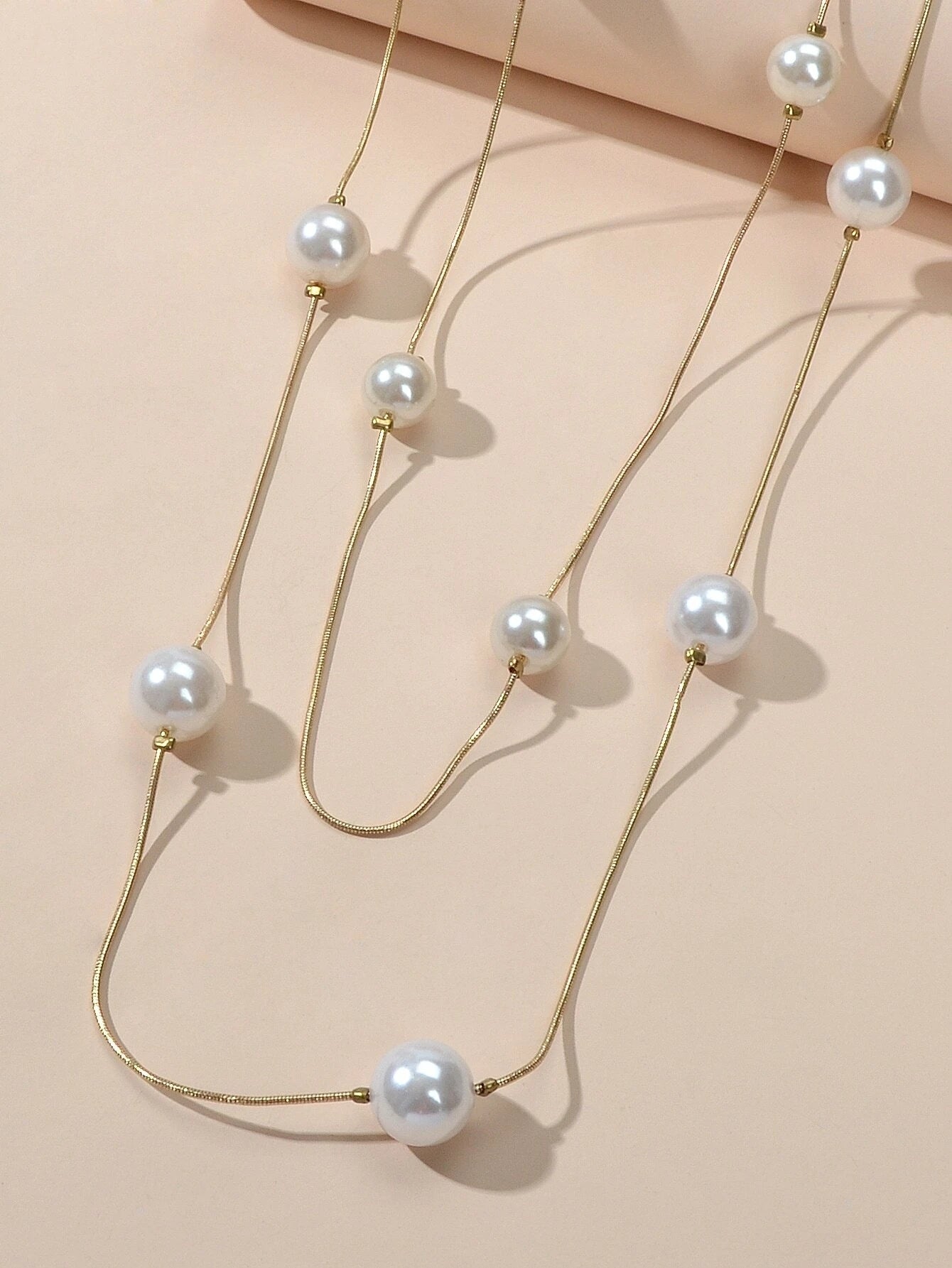Double Layer Pearl Decor Gold Silver Chain Long Necklace Fashion Accessories-3